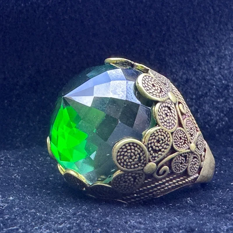 Hollow Inlaid Green Corundum Open Ring, 30mm Wide Band, Gorgeous Multi-color Statement Women Jewelry