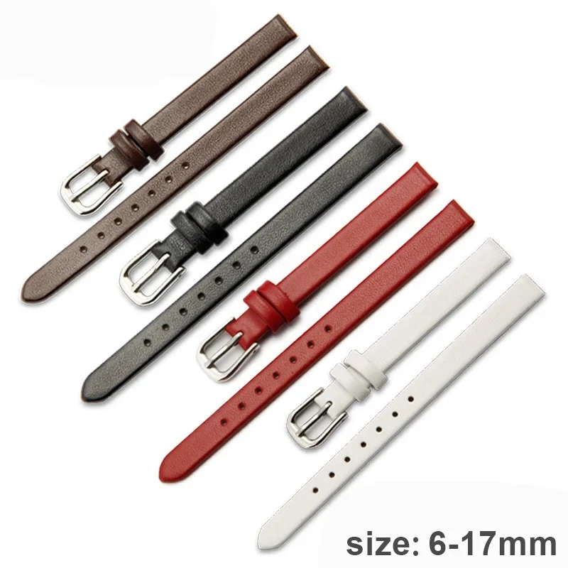 Women\'s Leather Watchbands Slim 6 8 10mm 12mm 13mm 14mm 15 16mm 17mm Soft Material Strap Silver Stainless Steel Buckle Bracelet