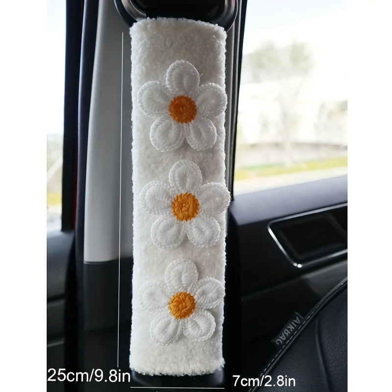 1pc Soft Plush Flowers Car Seat Belt Cover Shoulder Strap Harness  Three White Flower Car Safety Belt Shoulder Pad Protector