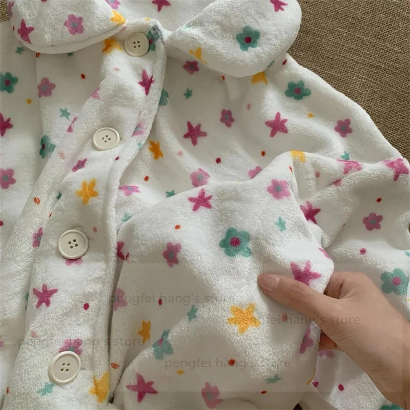 

Фланелевая флисовая одежда для сна, женский пижамный комплект, зимняя теплая милая домашняя одежда, пижама с длинными рукавами и карманами, свободная верхняя одежда, домашняя одежда