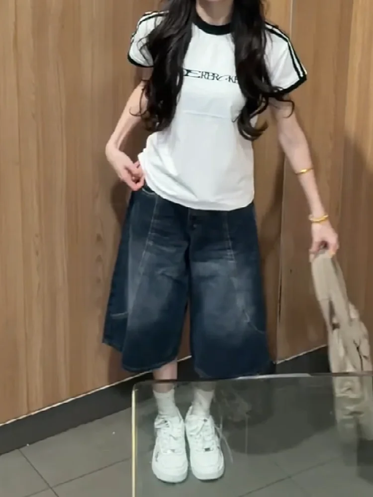 

Retro American Washed Denim Wide Leg Short Pants Women's Summer New Design Loose Straight Cut Jeans High Waist Pocket Detail