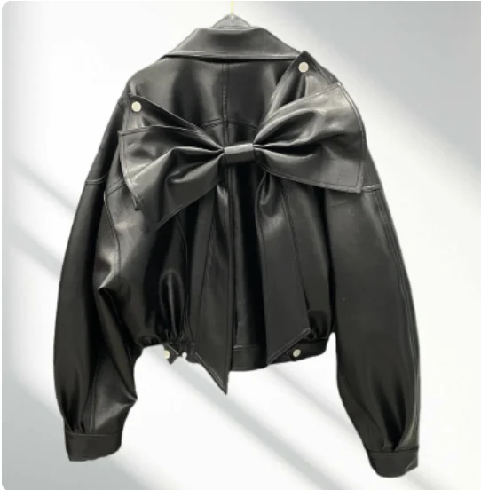 Outono indústria pesada arco solto bonito lazer manga longa jaqueta de couro doce legal menina versátil casaco curto redução de idade