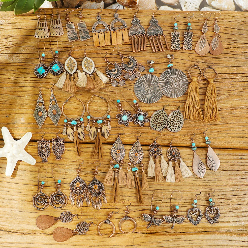 Vintage ethnische geometrische braune Tropfenohrringe für Frauen, elegante Persönlichkeit, Urlaub, lässig, täglich, Ohrringe, Boho-Schmuck – Detail 2