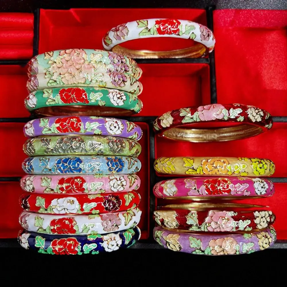 Enamel Chinese Cloisonne Bracelet Double Bangle Chinese Peony Filigree Flower Bangle Traditional Ethnic Women's Hand Bracelet