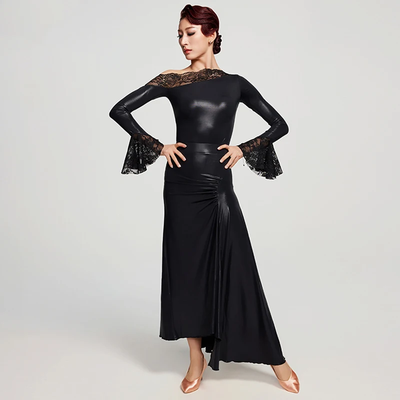 

Women'S Ballroom Dance Competition Costume Black Leather Top Modern Dancing Skirt Adults Latin Dance Training Suits SL12579