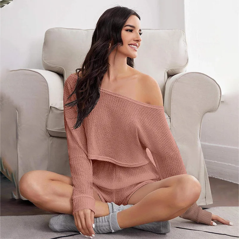 2024 Women\'s Summer Pajamas Two-piece Set One Shoulder Long Sleeve Short Top Elastic Waist Shorts Suit Casual Home Wear Suit