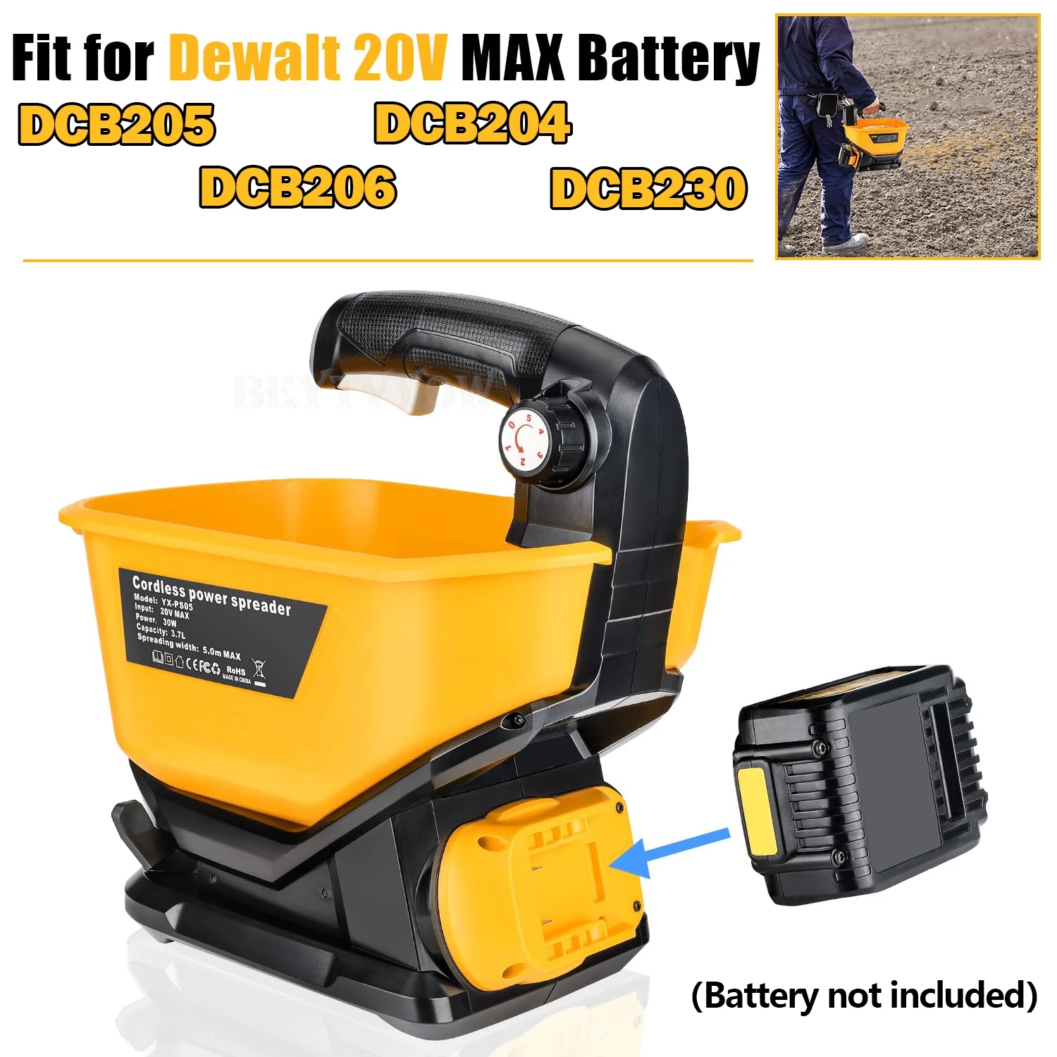 

Cordless Salt Spreader for Dewalt 20V 60V Li-ion Battery Handheld Seed and Fertilizer Power Spreader 125° 5 Levels Adjustable