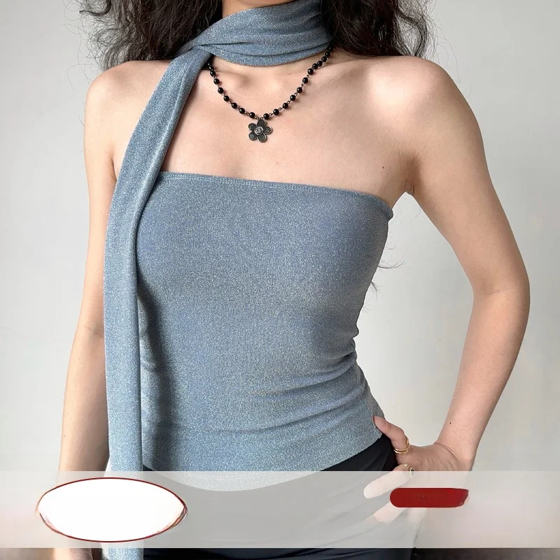 

Go Girl Go Shiny Thread Crop Top Sexy Slim Fit Short Style Outerwear with Scarf Trendy Streetwear Pure Color Summer 2026