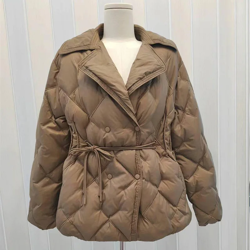 

Solid Lapel Lace Up Cotton Coat Women Fashion Long Sleeve Warm Loose Pocket Short Coats Lady New Winter Commute Street Outwears