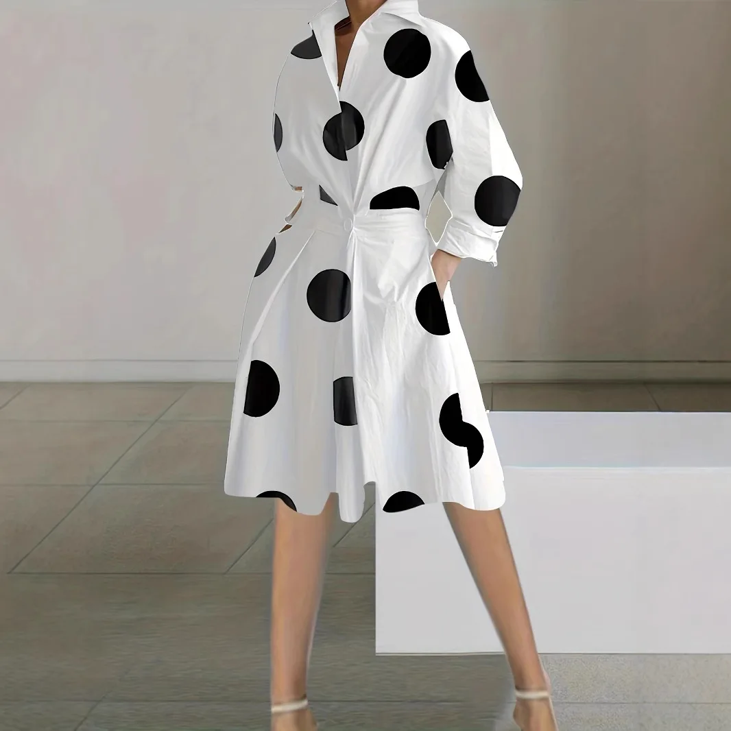 Elegant Ladies V Neck Polka Dot Button Front Belted Shirt Dress Loose Fit Daily Workwear Midi Outfit