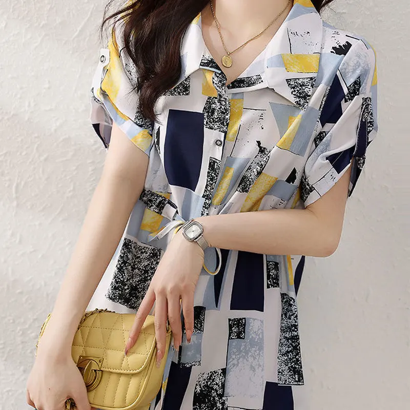 Female Clothing Geometric Spliced Printed Blouse Commute Single-breasted Summer Korean Drawstring Waist Casual All-match Shirt