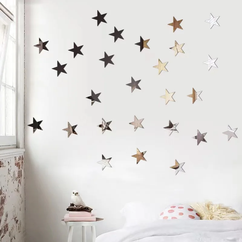 20pcs Acrylic Star Mirror Wall Sticker Cartoon Starry Wall Stickers For Kids Rooms Wall Decals Home Decor Cute Stars Art Mural