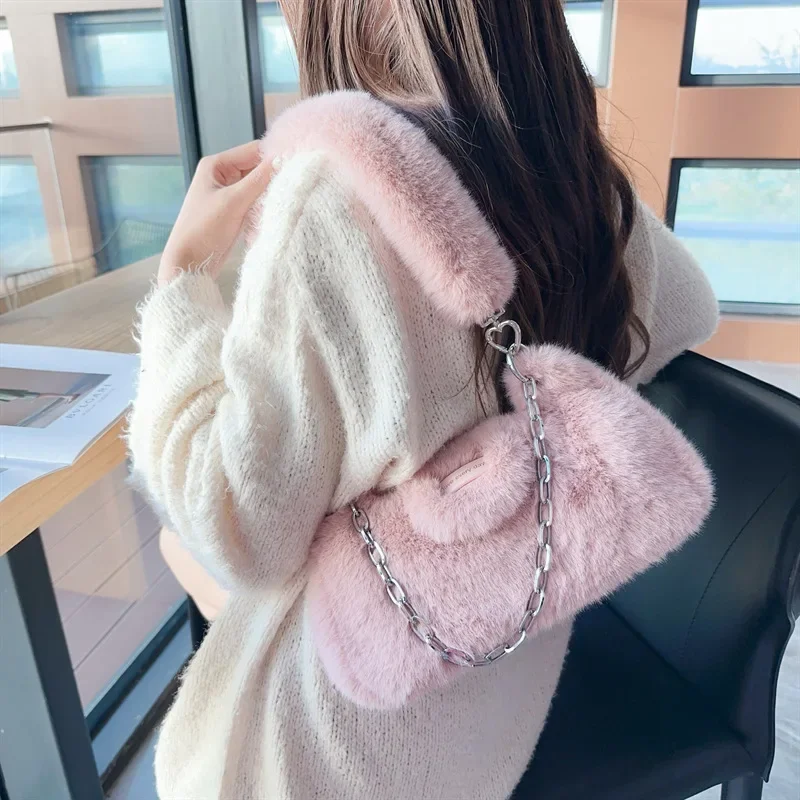 Fashion Solid Color Fake Fur Women\'s Shoulder Bag Sweet Luxury Plush Ladies Armpit Bags Simple New Chain Female Handbag Purse