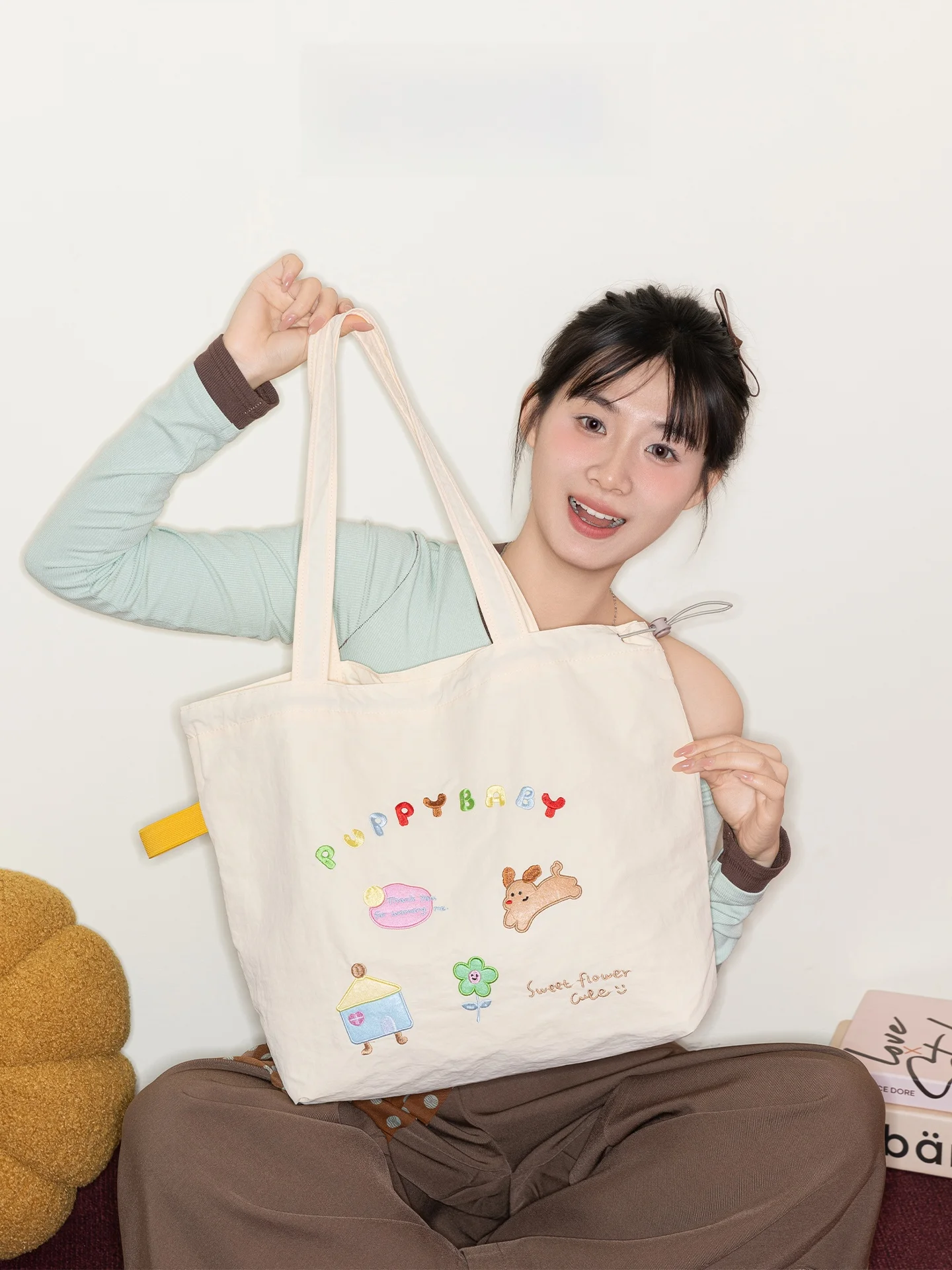 Bolsa de Lona de Gran Capacidad con Bordado de Niña de Dibujos Animados Naranja, Bolso de Hombro Único para el Campus, Bolso ...