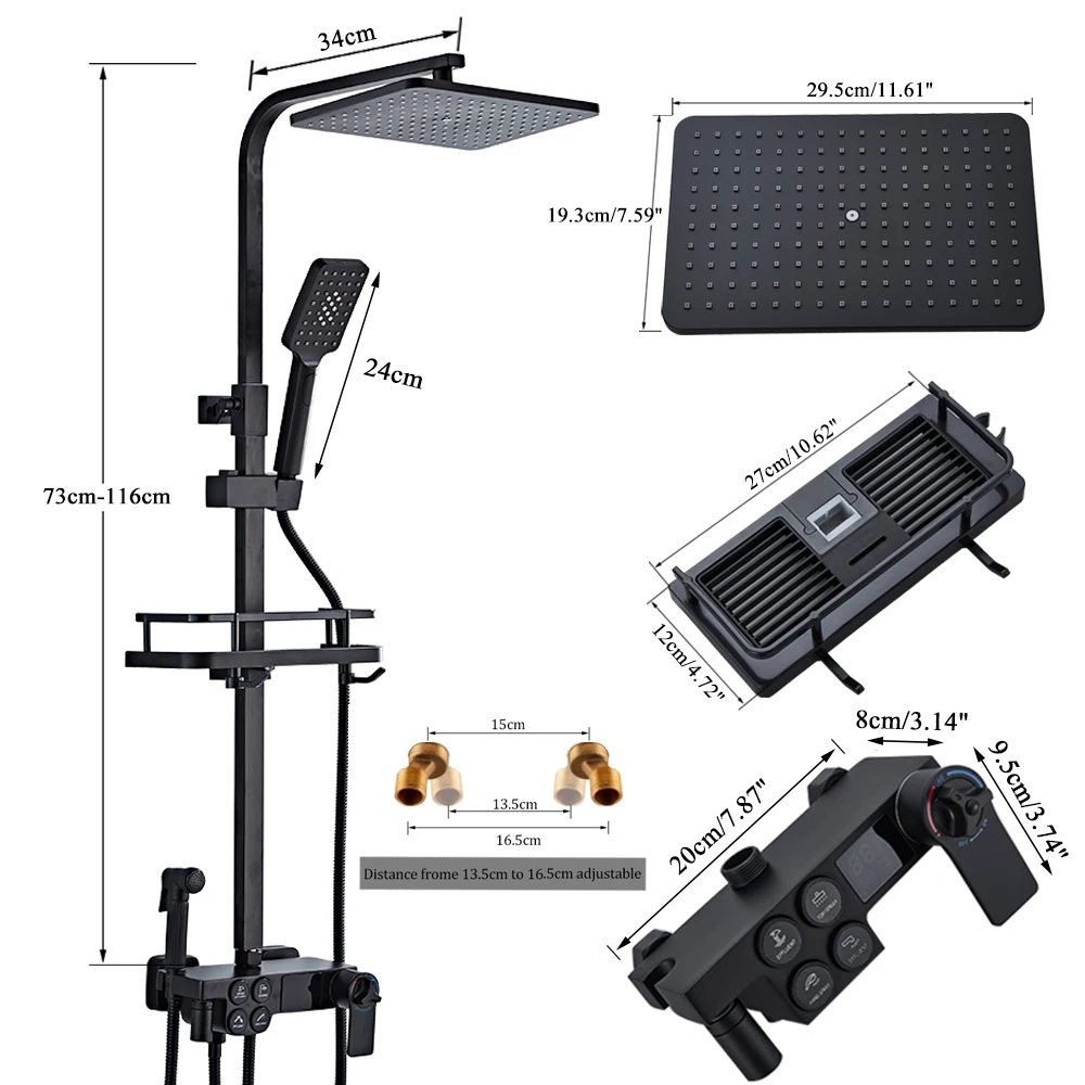 Черный термостатический ЖК-смеситель для душа, набор температурного дисплея, смеситель для ванны с осадками и полкой для ванной, электричество от воды быстрая доставка