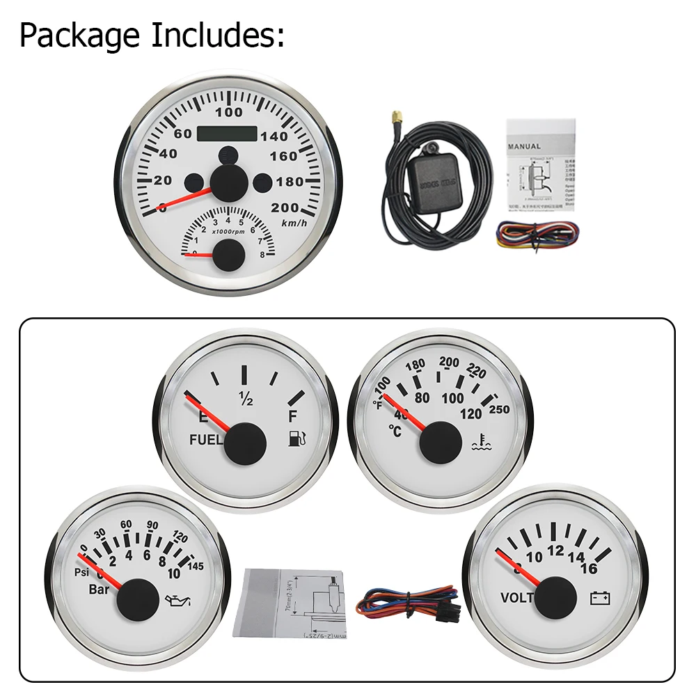 5 Gauge Set 85mm 0-200km/h GPS Speedometer 0-8000 RPM Tachometer 52mm Water Temp Oil Pressure Fuel Level Meter 8-16V Voltmeter