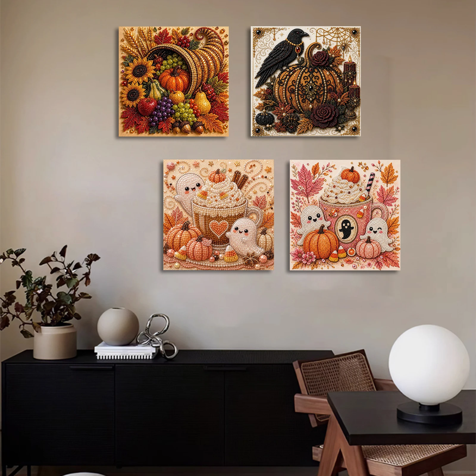 Pearl Painting Kit Framed Fall Flower Bouquet 11.81x11.81in Self Adhesive Canvas Rhinestone Pearls Tray Wax Art