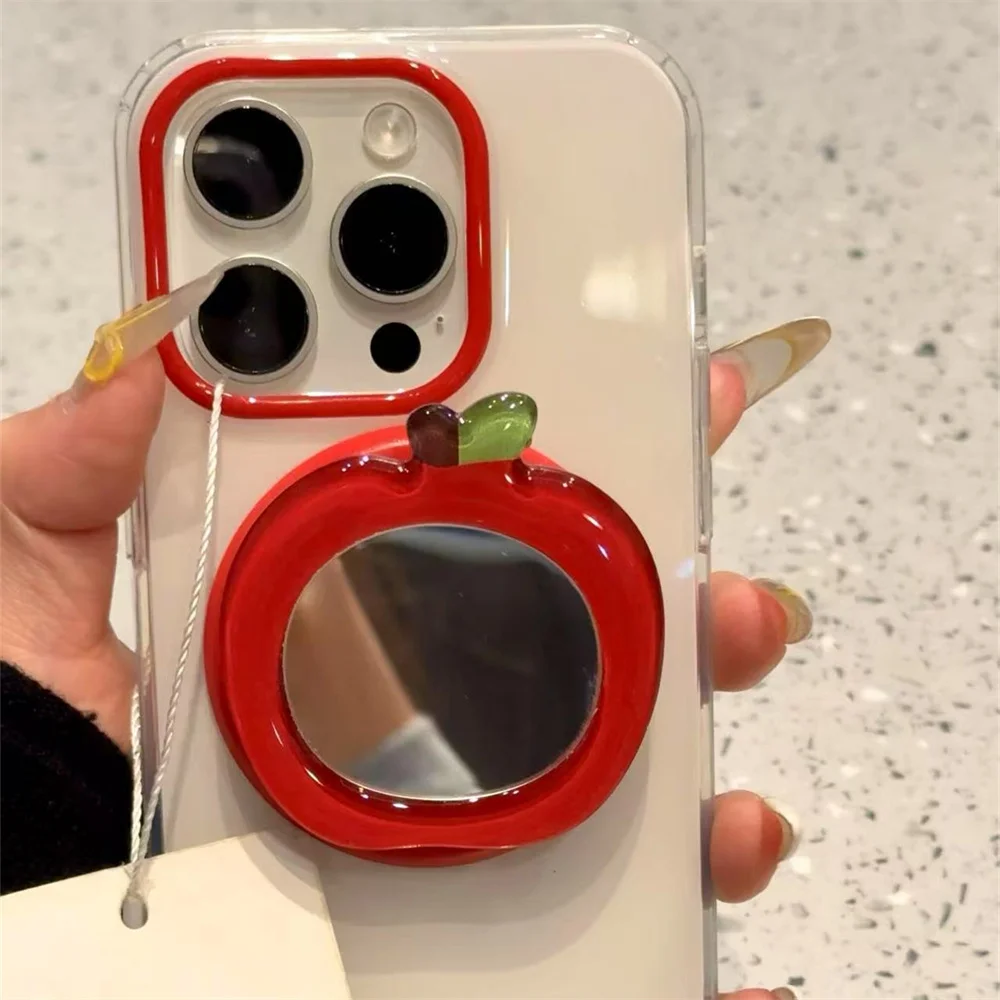 

Корейское милое 3D зеркало для макияжа с красными фруктами для Magsafe Griptok, держатель для телефона, подставка для кольца на палец для iPhone 17 16, кронштейн для девочек