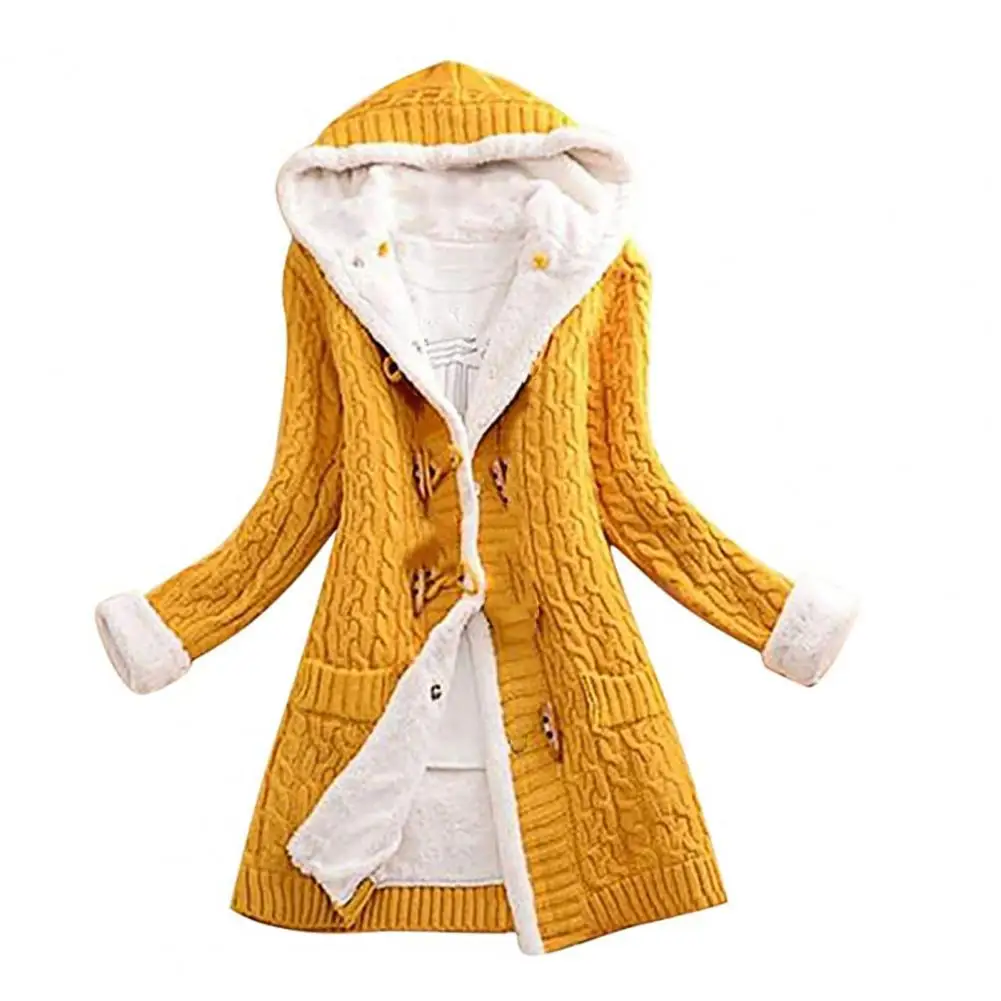 Women Knitted Coat Solid Color Woolen Yarn Sweater Coat Loose Fit Mid-Length Winter Jacket For Outdoor Women\'s Clothing