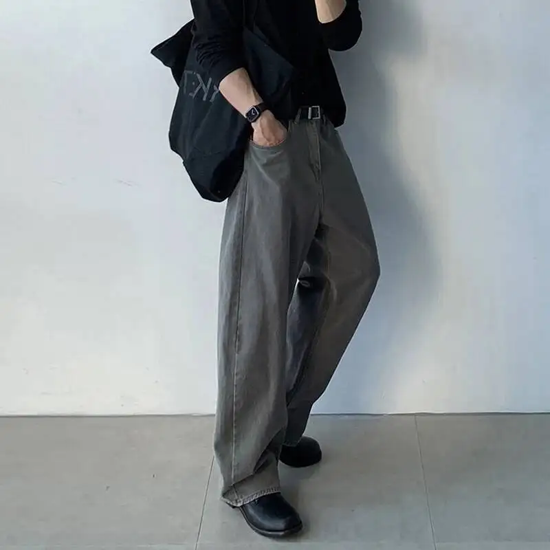 Trousers Vintage Men's Washed Grey Wide Leg Fit High Waist Casual Streetwear Retro Premium Denim Long Pants UI2N