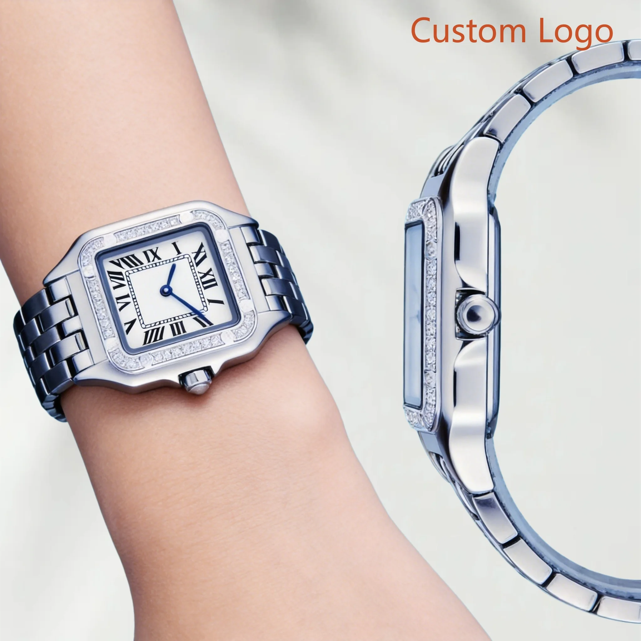 Montres de couple vintage style tank carré 22mm/27mm, bracelet en acier massif poli, cadran blanc, aiguilles bleues, lunette en strass, montre de luxe tendance pour amoureux, personnalisable