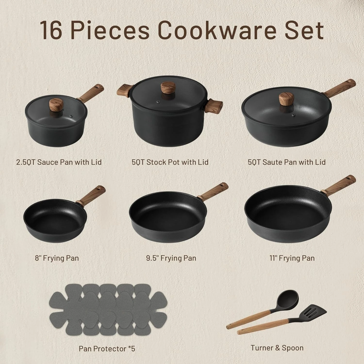 

16PCS Titanium Nonstick Cookware Set, Induction Pots and Pans with Frying Pan, PFOS PFOA Free Kitchen Cooking Set