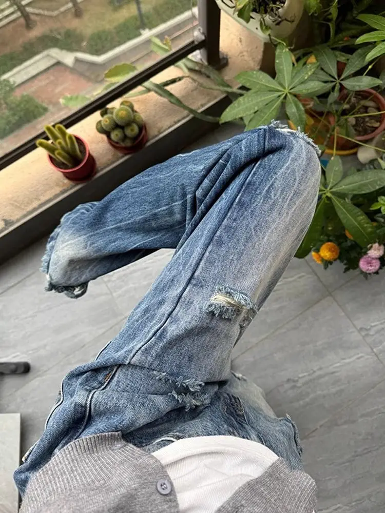 

Джинсы в стиле ретро-американский стритстайл, джинсовые брюки унисекс, повседневные, с эффектом потертости, свободные прямые штанины, для пар