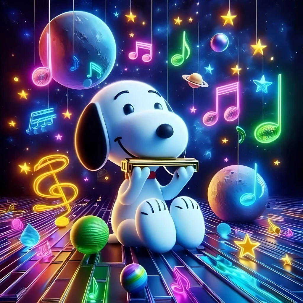 Musical Snoopy with Violin Piano Cartoon Comic Mosaic Embroidery