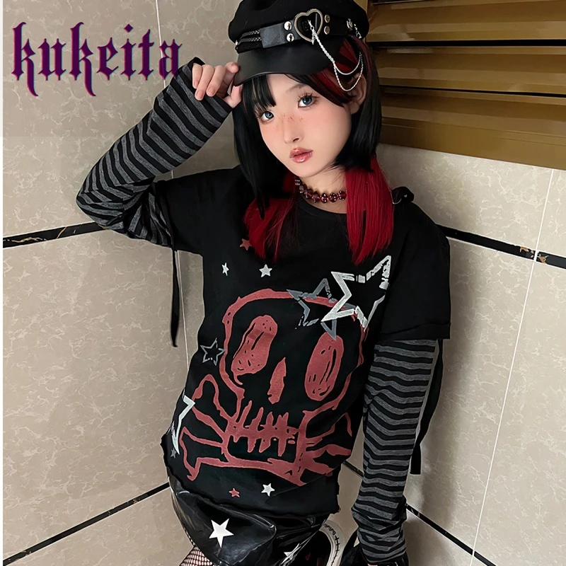 Harajuku Y2K Print Black T shirt Long Sleeve Faux Two Piece Loose Punk Tees Streetwear Casual Rock Emo Grunge Aesthetic Tops