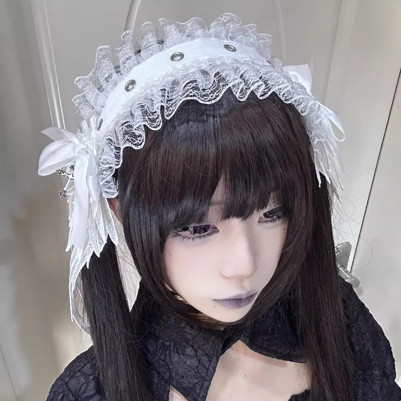 

2026 Лолита-стиль кружевная повязка на голову с бантом и оборками, милый аксессуар для волос, головной убор для косплея JK, аниме, горничной, для девочек