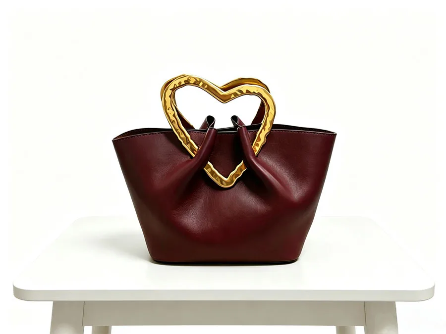 Burgundy Soft Leather Exquisite Tote Bag Retro Pleated Wavy Pattern Gold Love Handle Gentle Dinner Bag