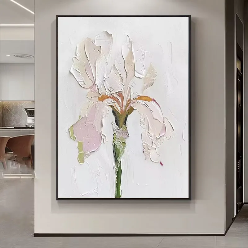 Handmade Oil Painting with Large Flower, Living Room Decoration, Creamy Style, Thick Texture, Hanging Painting, White Flower Art