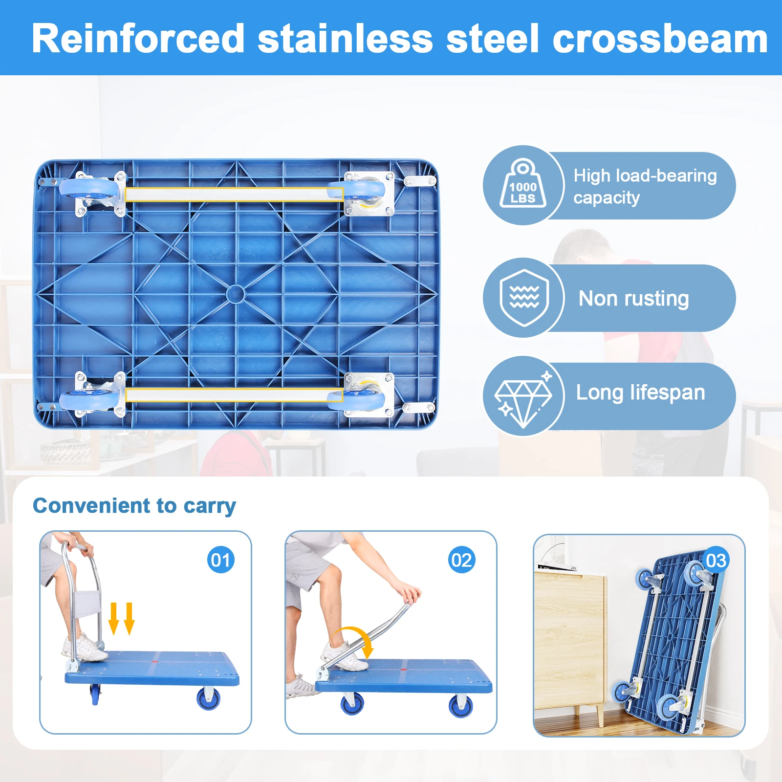 Platform Trucks, Dolly Cart Heavy Duty 500 LBS Capacity, Steel Foldable Push Cart Dolly Large Flatbed Cart w/360 Degree