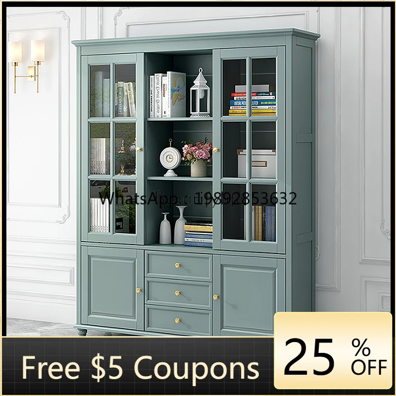 

FF American light luxury solid wood three-door storage bookshelf, European light luxury bookcase