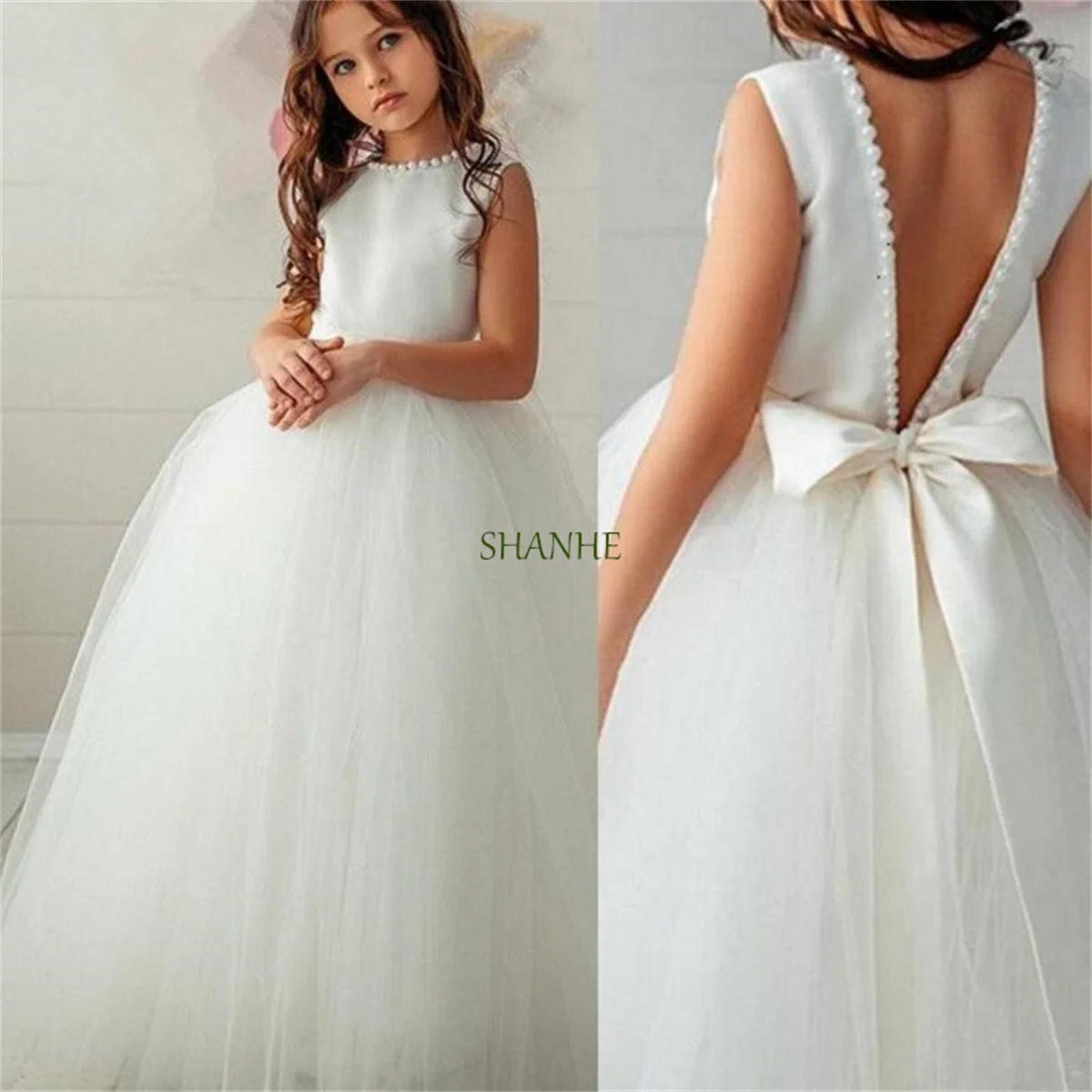 Latest Lovely Blush Flower Girls Dresses Short V Neckline Back Out Tier Skirt Bow Lace Kids Halloween Party Gowns Christmas Dres