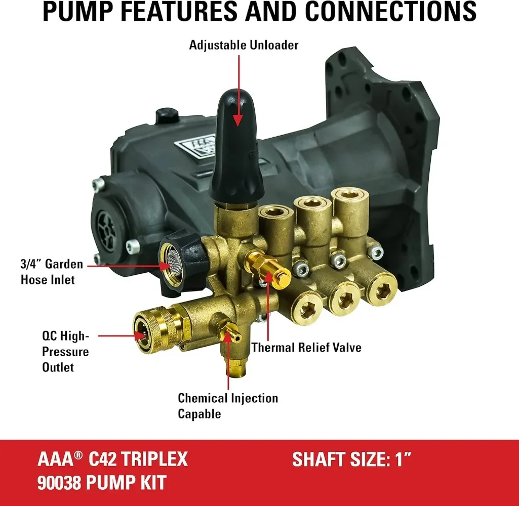 Horizontal Triplex Plunger Replacement Pressure Washer Pump Kit 3800 PSI 3.5 GPM, 1