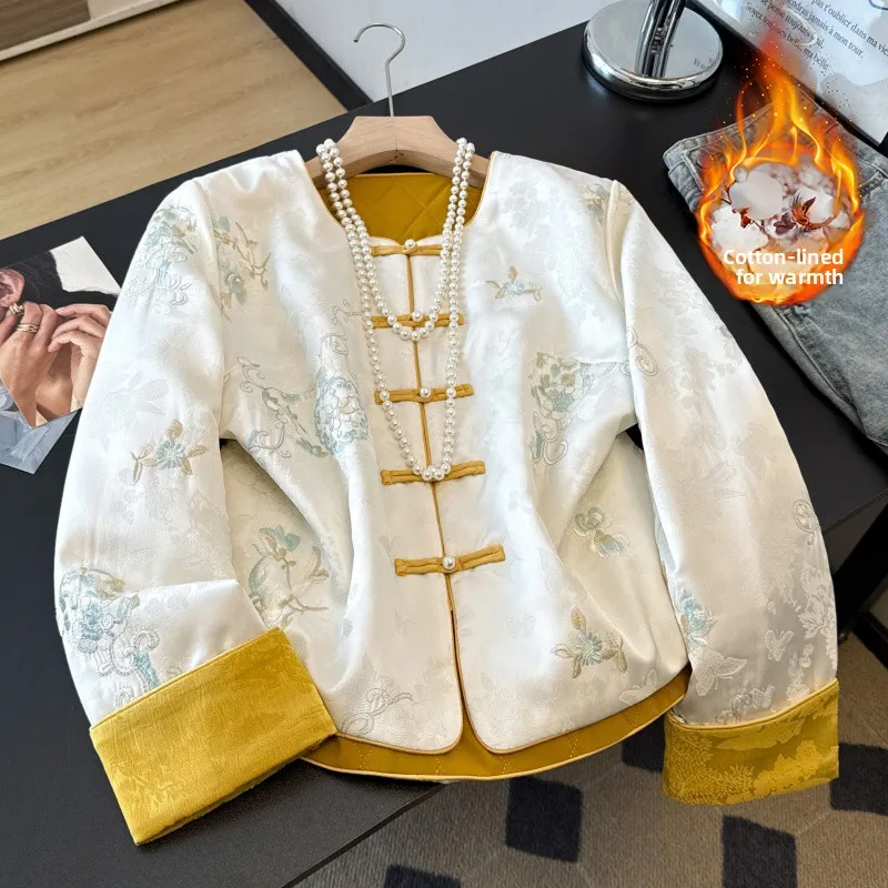 Thickened Cotton Padded Jacket Chinese Style Heavy Embroidery Long Sleeve Patchwork Velvet Autumn Winter Women's Outerwear