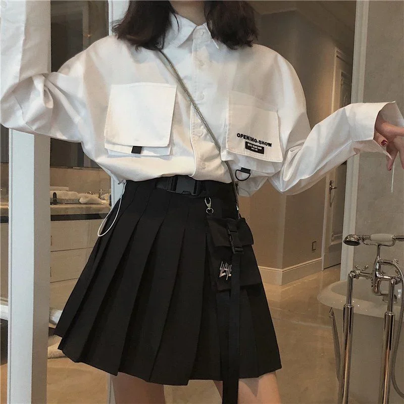 Summer Cargo Skirts with Pocket Women Dark Academy Uniform Harajuku Gothic Short Skirt Fashion Girl Emo Techwear Clothes