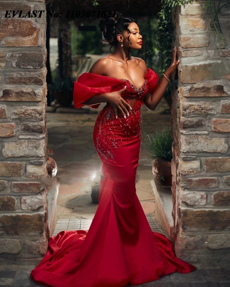 EVLAST Customized Red Mermaid Prom Dress Aso Ebi African Wedding Party Gowns Beading Off Shoulder Formal Occasion Dress P163