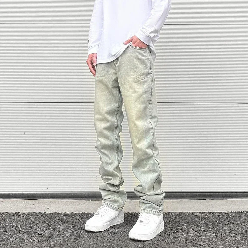 

Streetwear Vibe Vintage Distressed Washed Trousers Jeans Yellow Mud Dyed Zipper Split Straight Jeans Men's and Women's Clothing