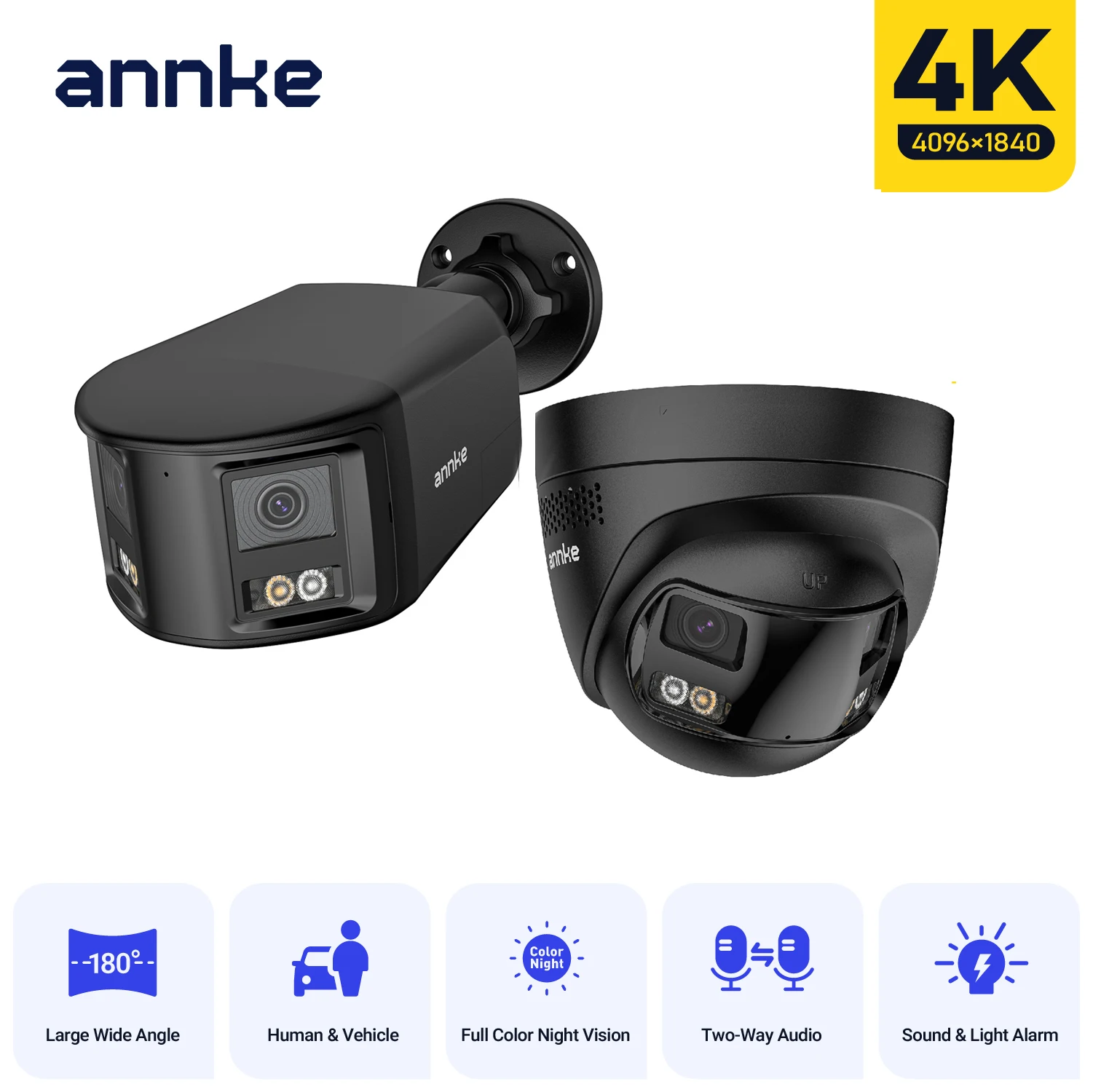 ANNKE 4K 8MP 180° Dual Lens Security Camera IP67 1/2 PCS Color Night Vision & Active Deterrence, Two-Way Audio Black Cameras for Home Security