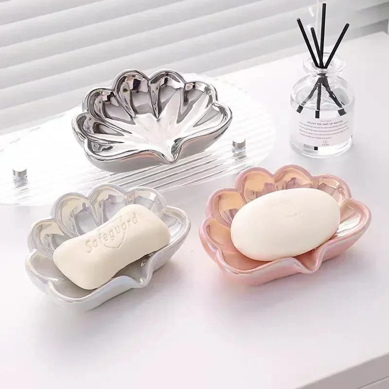 Shell Shape Ceramic Drain Soap Dish Holder Jewelry Boxes Creative Home Solid Color Soap Dishes Storage Box Bathroom Accessories