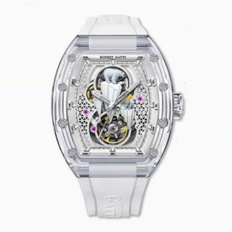 BONEST GATTI Men Automatic Watch 45*53mm Tonneau Mechanical Wristwatch Sapphire Luminous Polar Bear Dial Fluororubber Strap
