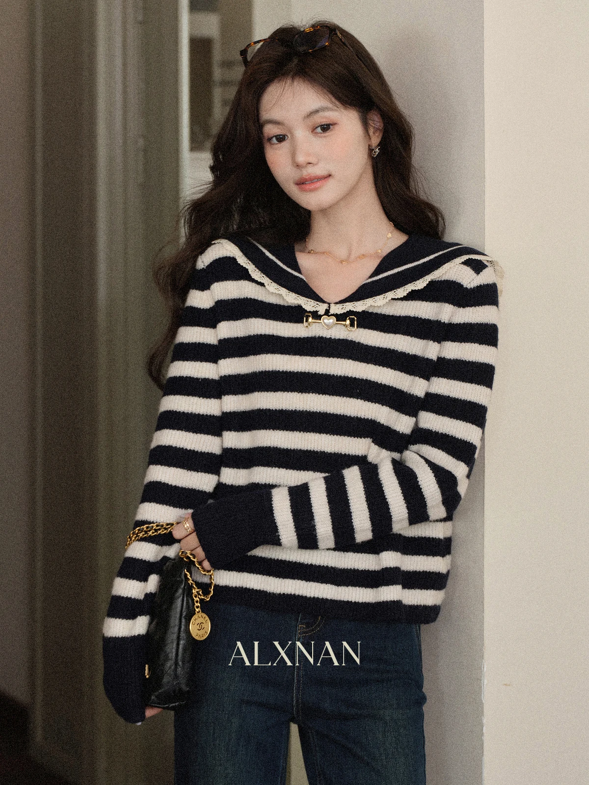 

Женский полосатый свитер Ele Long Sve South Deer, осенне-зимняя новинка, синий цвет, для повседневной носки, свободный крой