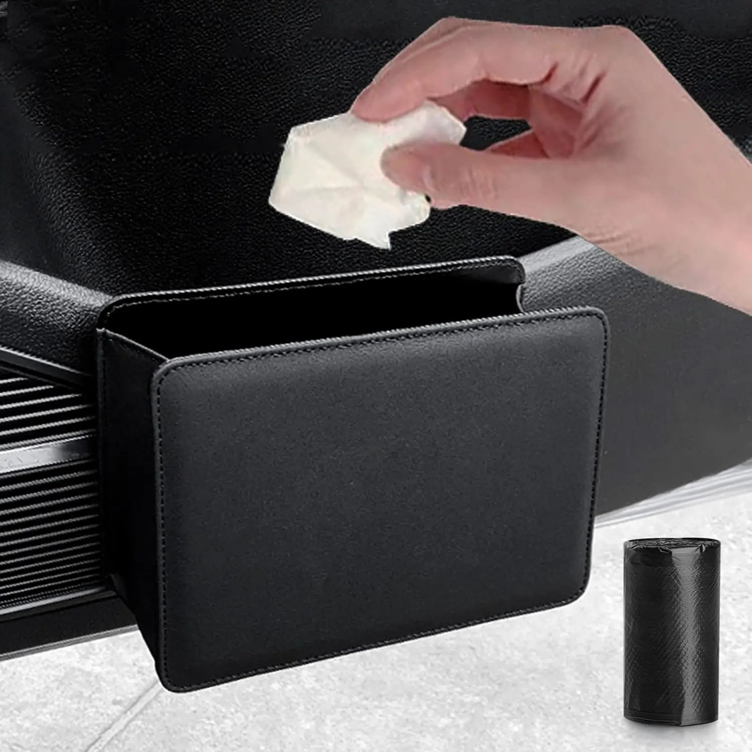 

Складной подвесной автомобильный мусорный бак с 30 пакетами, кожаный органайзер для хранения в авто/внедорожнике (черный)