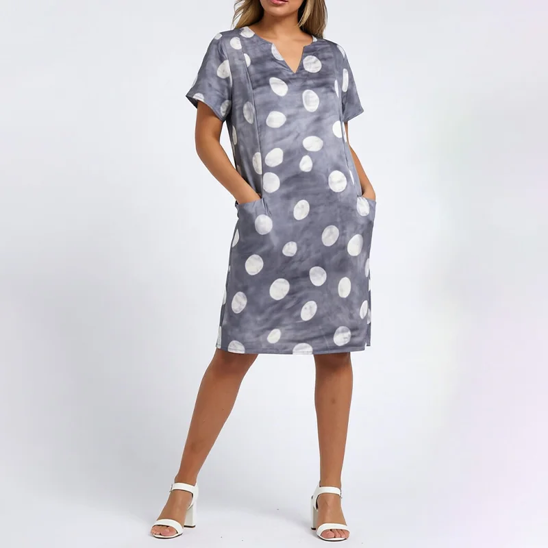 

Large Size Women's V-Neck Short Sleeve Dress round Dot Print Casual Loose Fit Slim Knee-Length Fashionable Dress
