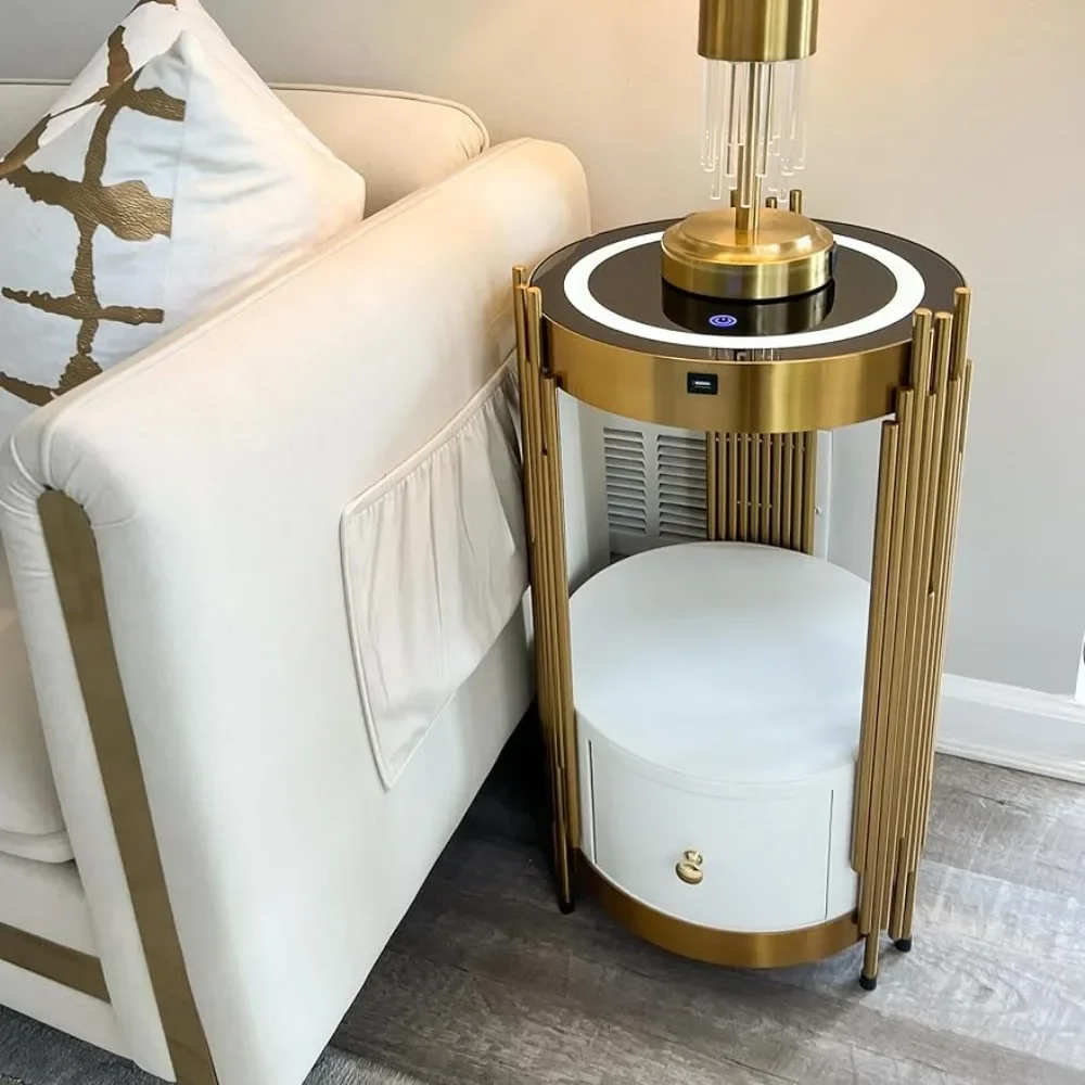 Gold Smart Round Nightstand with Drawer,Sofa Narrow End Table with Wireless Charging Station