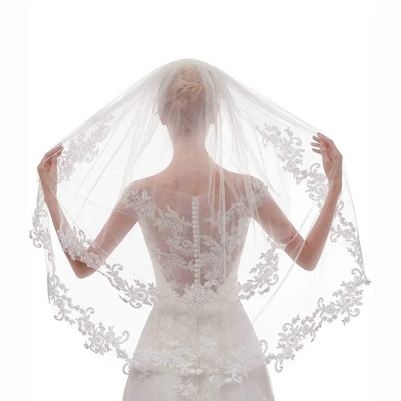 

Wedding Bridal Veil 2 Tier Flower Lace Applique Edge Fingertip Length Tulle Veil with Comb for Brides and Women