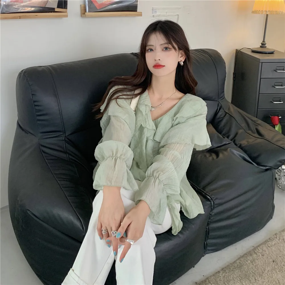 Puff Sleeve Blouse Women Casual Loose Fit Chic Daily All-match Ruffles Trendy Ins Streetwear Spring Popular V-neck Harajuku Y2k