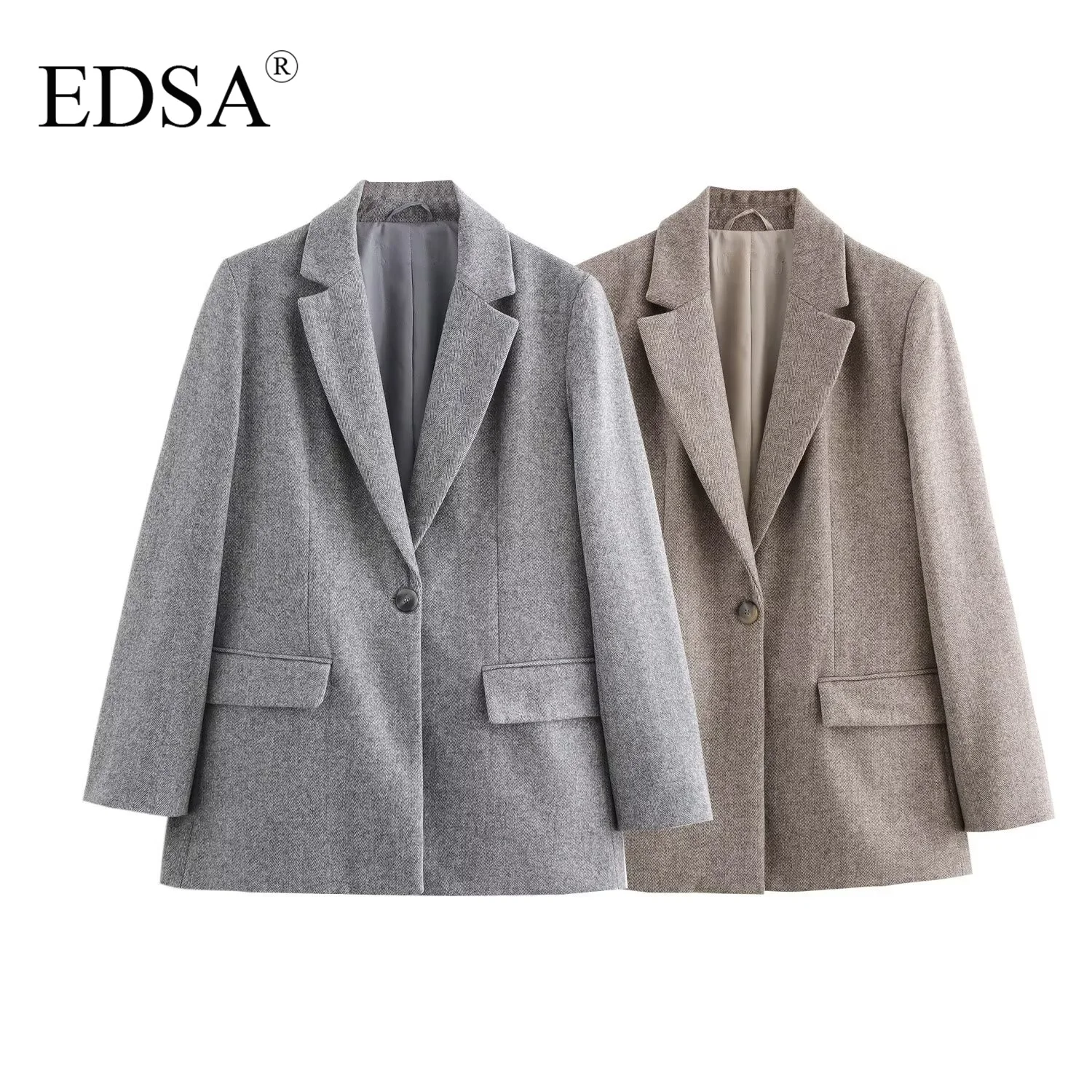 EDSA Women Herringbone Wool Blend Blazer with Flap Pockets for Office Lady Single Button Long Sleeves Jacket Outerwear